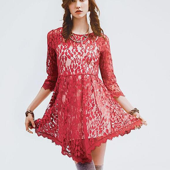 Free People Floral Lace Embroidered Scalloped Lace Dress with Slip Dress Size 6 - Picture 1 of 7
